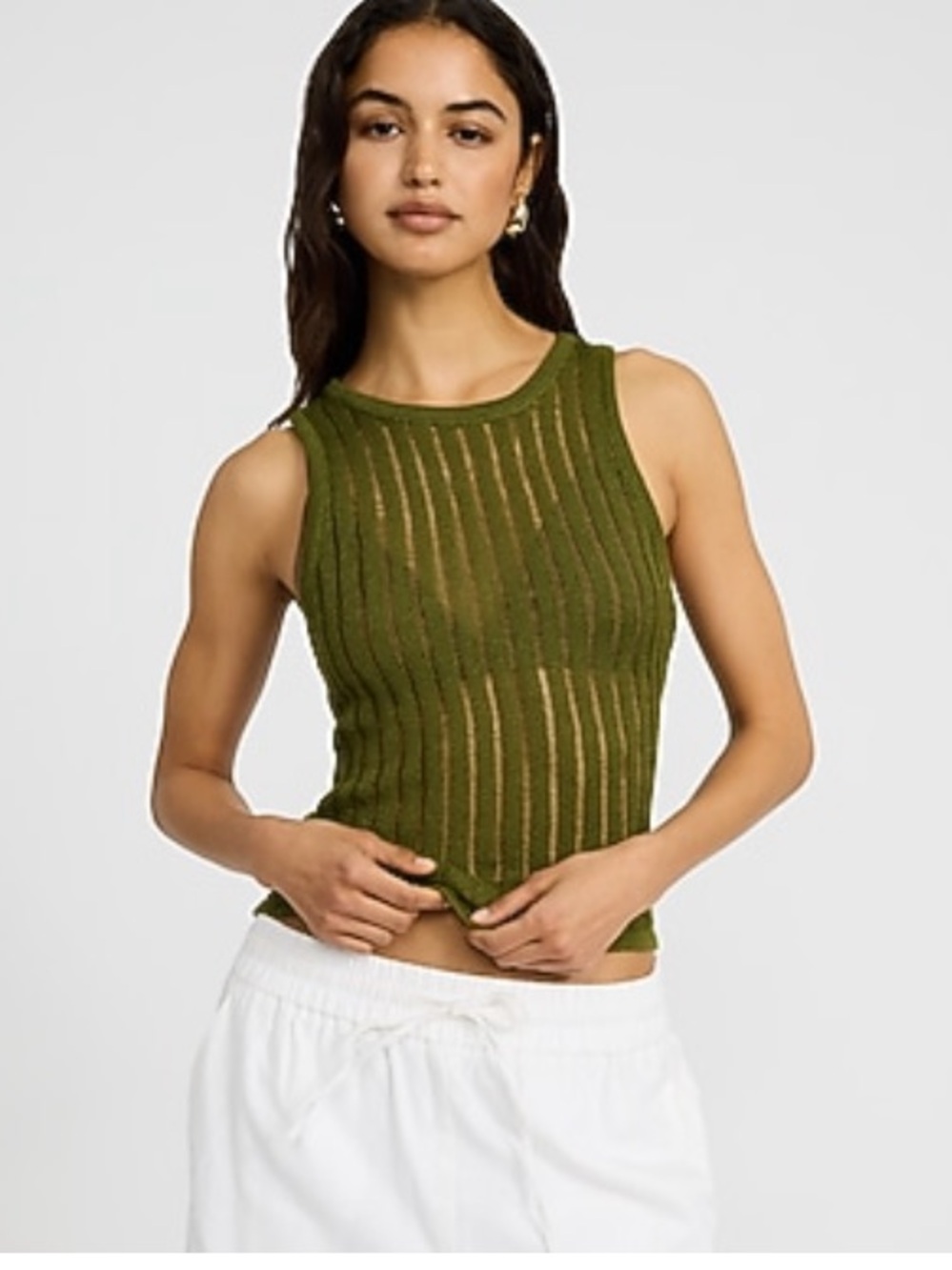Green striped open stitch sweater tank L